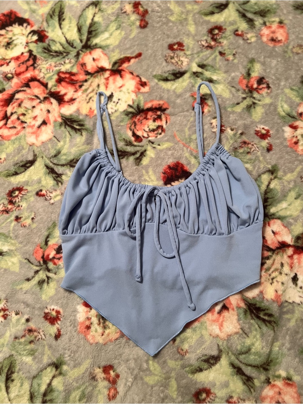 Light Blue Ruched Peasant Handkerchief Hem Crop Top Coquette Feminine Cottage XS